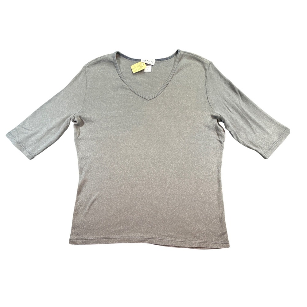 OYB Womens Sage Green Metallic V-Neck Knit Top Elbow Sleeve USA Size 4 Y2K 90s